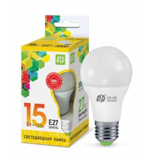 Лампа светодиодная LED-A60-standard 15W 160-260V E27 3000K ASD