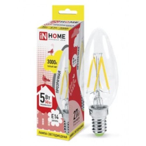 Лампа светодиодная LED-СВЕЧА-deco 5Вт 230В Е14 3000К прозрачная IN HOME