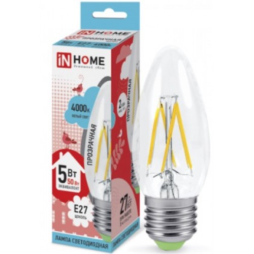 Лампа светодиодная LED-СВЕЧА-deco 5Вт 230В Е27 4000К прозрачная IN HOME 