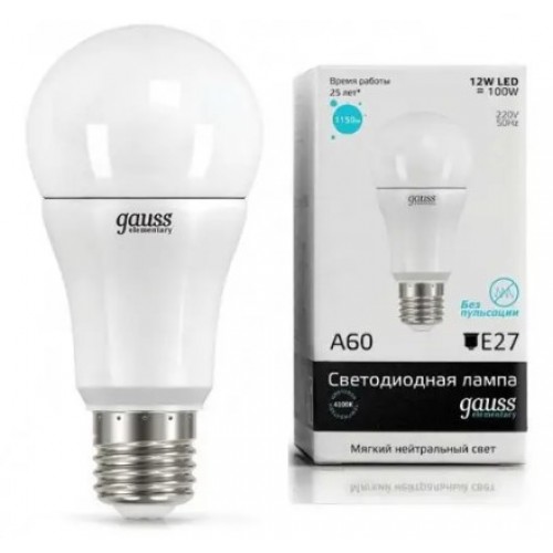 Лампа светодиодная LED-A60 12W 180-240V E27 4100K Elementary Gauss 23222