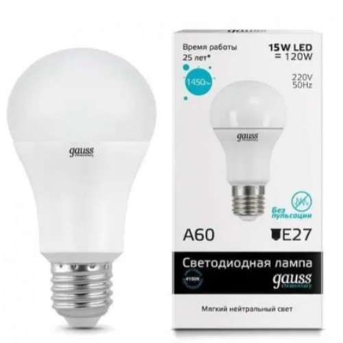 Лампа светодиодная LED-A60 15W 180-240V E27 4100K Elementary Gauss 23225