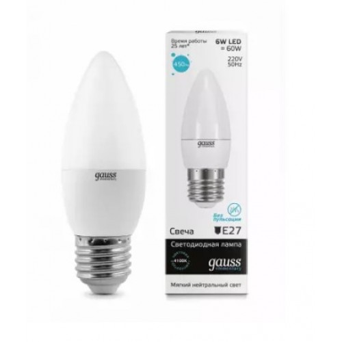 Лампа светодиодная LED свеча 6W 180-240V E27 4100K Elementary Gauss 33226