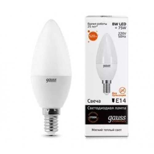 Лампа светодиодная LED свеча 8W 180-240V E14 3000K Elementary Gauss 33118