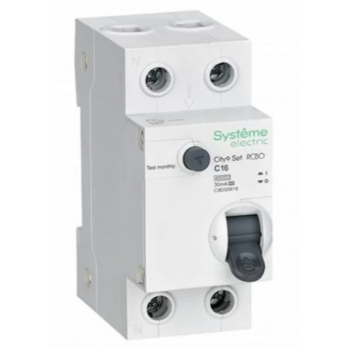 Автоматический выключатель дифференциального тока 2п (1P+N) C 16А 30мА тип A 4.5кА 230В City9 Set System elektrik SE C9D55616