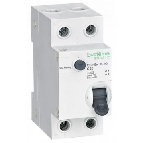 Автоматический выключатель дифференциального тока 2п (1P+N) C 20А 30мА тип AC 4.5кА 230В City9 Set System elektrik SE C9D34620