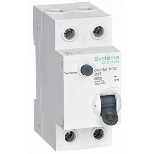 Автоматический выключатель дифференциального тока 2п (1P+N) C 25А 30мА тип AC 4.5кА 230В City9 Set System elektrik SE C9D34625