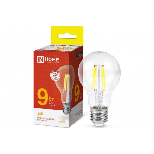 Лампа светодиодная LED-A60-deco 9W 230V E27 3000K прозрачная  IN HOME